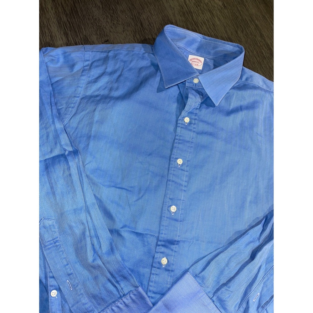 Brooks Brothers‎ Mens Makers Blue Dress Shirt Herringbone French Cuff Monogram